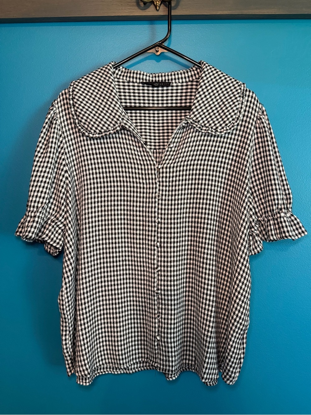 Jane and Delancey Black and White Gingham Button-Down with Peter Pan Collar